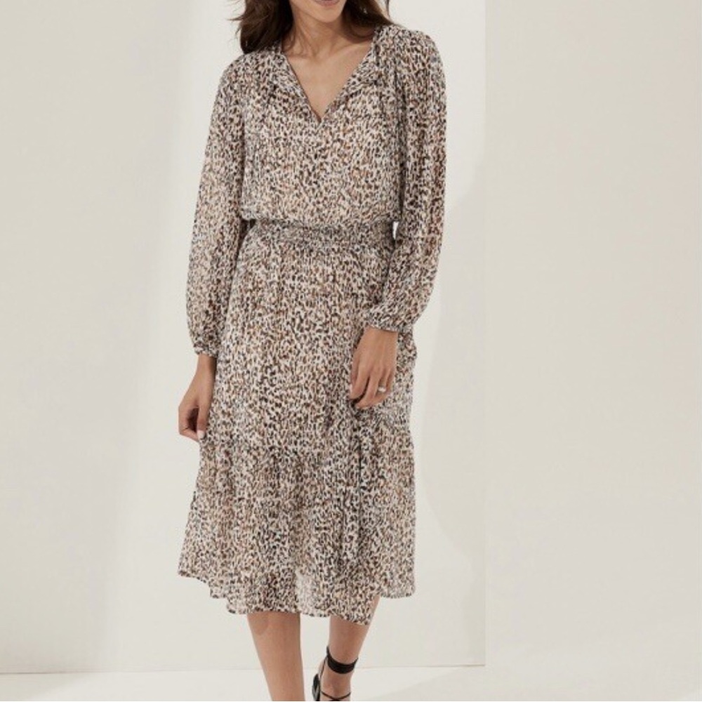 NWOT Banana Republic Animal Print Leopard tie neck tiered Midi Dress